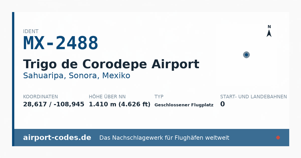 Generierte Übersichtsgrafik zum Flughafen Trigo de Corodepe Airport mit Codes, Koordinaten und Bahnenskizze
