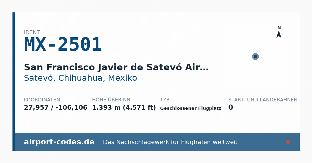 Generierte Übersichtsgrafik zum Flughafen San Francisco Javier de Satevó Airport mit Codes, Koordinaten und Bahnenskizze