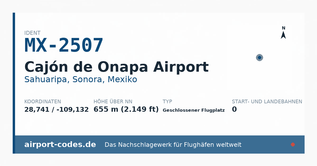 Generierte Übersichtsgrafik zum Flughafen Cajón de Onapa Airport mit Codes, Koordinaten und Bahnenskizze