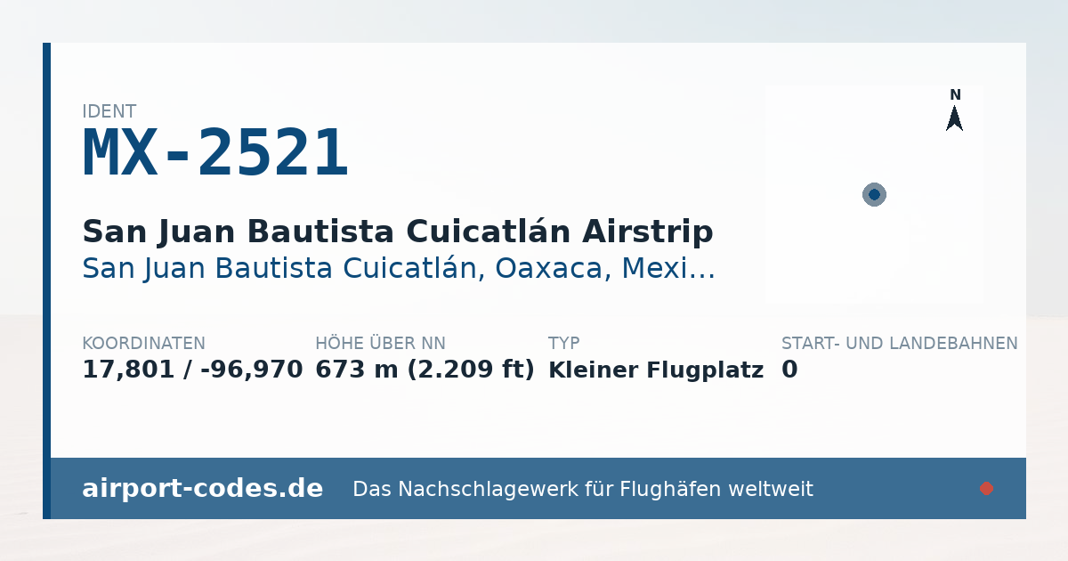 Generierte Übersichtsgrafik zum Flughafen San Juan Bautista Cuicatlán Airstrip mit Codes, Koordinaten und Bahnenskizze