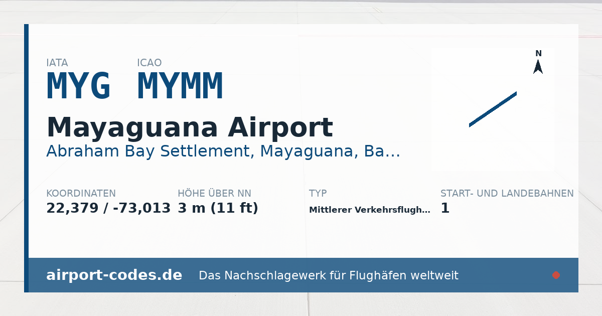 Generierte Übersichtsgrafik zum Flughafen Mayaguana Airport mit Codes, Koordinaten und Bahnenskizze