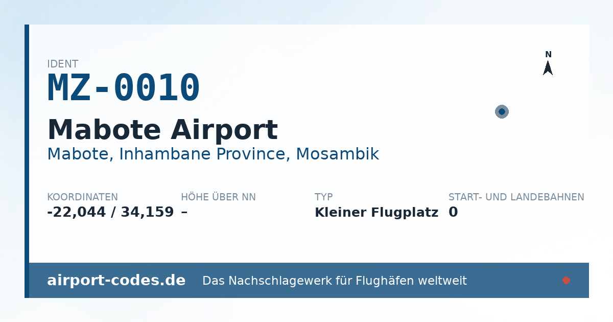 Generierte Übersichtsgrafik zum Flughafen Mabote Airport mit Codes, Koordinaten und Bahnenskizze