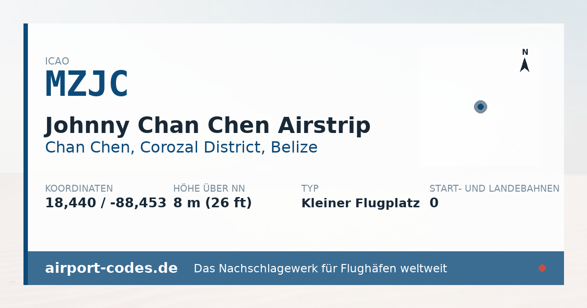 Generierte Übersichtsgrafik zum Flughafen Johnny Chan Chen Airstrip mit Codes, Koordinaten und Bahnenskizze