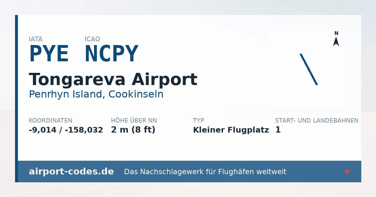 Generierte Übersichtsgrafik zum Flughafen Tongareva Airport mit Codes, Koordinaten und Bahnenskizze