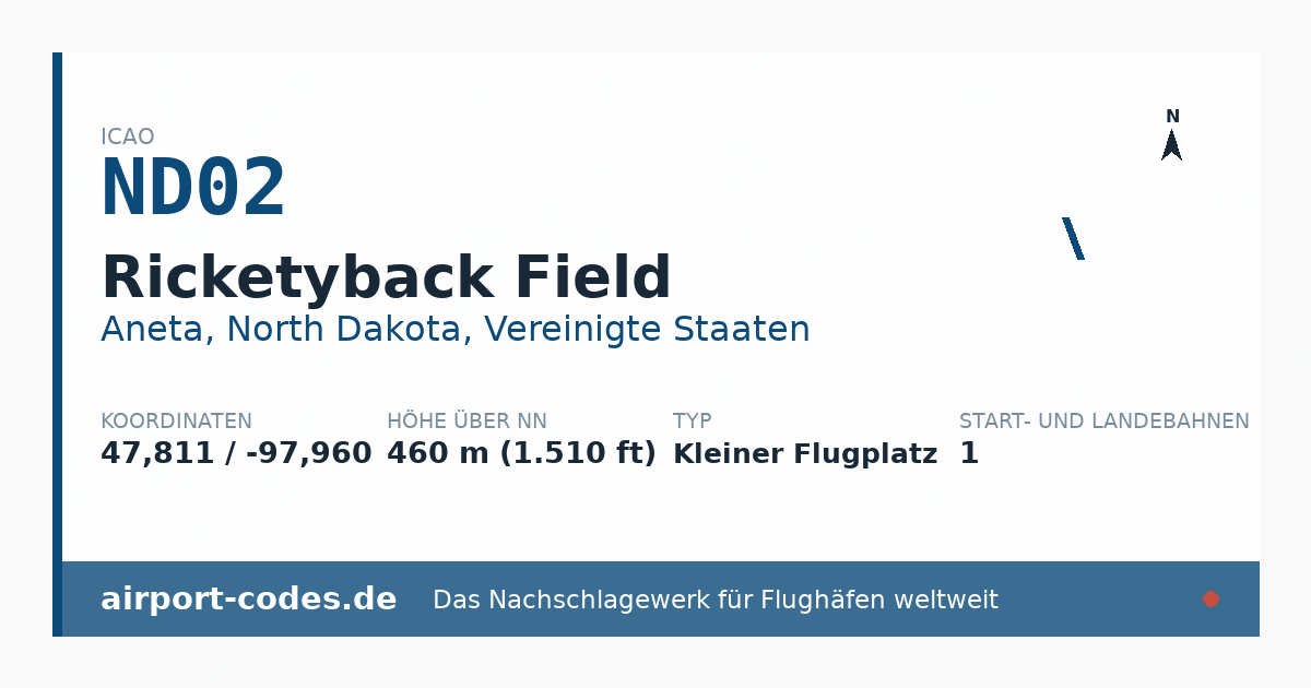 Generierte Übersichtsgrafik zum Flughafen Ricketyback Field mit Codes, Koordinaten und Bahnenskizze