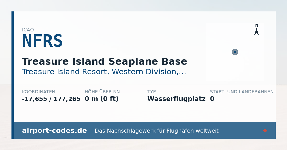 Generierte Übersichtsgrafik zum Flughafen Treasure Island Seaplane Base mit Codes, Koordinaten und Bahnenskizze