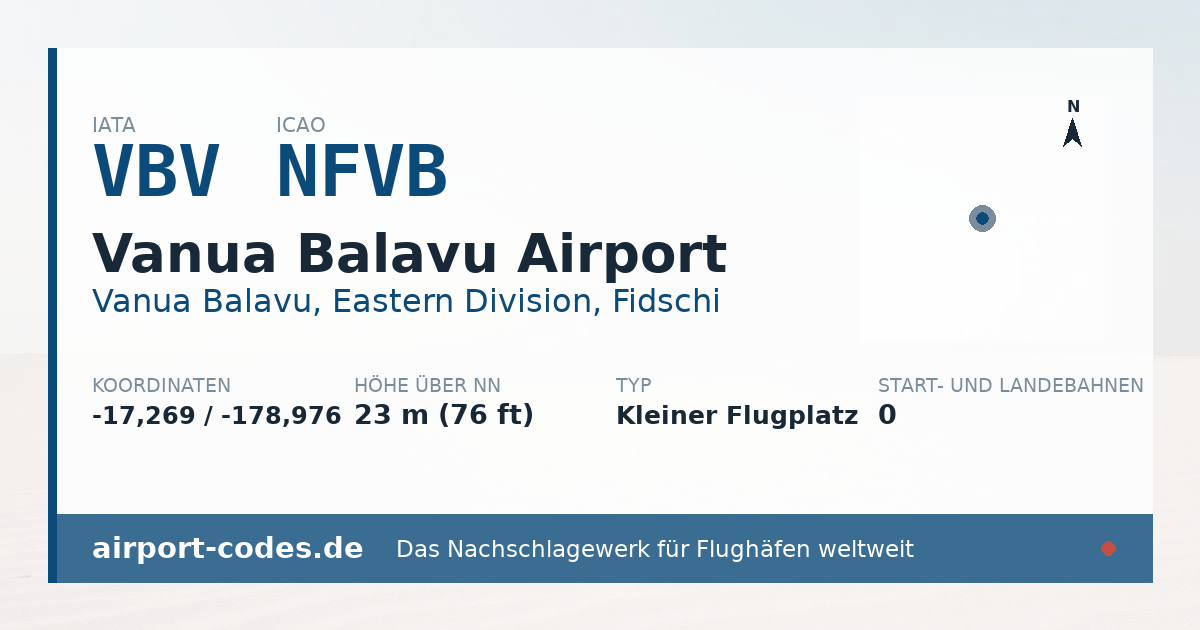 Generierte Übersichtsgrafik zum Flughafen Vanua Balavu Airport mit Codes, Koordinaten und Bahnenskizze