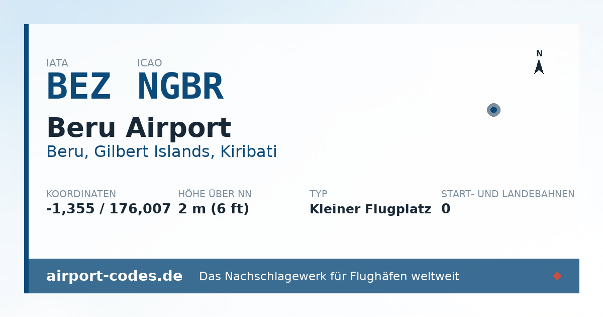 Generierte Übersichtsgrafik zum Flughafen Beru Airport mit Codes, Koordinaten und Bahnenskizze