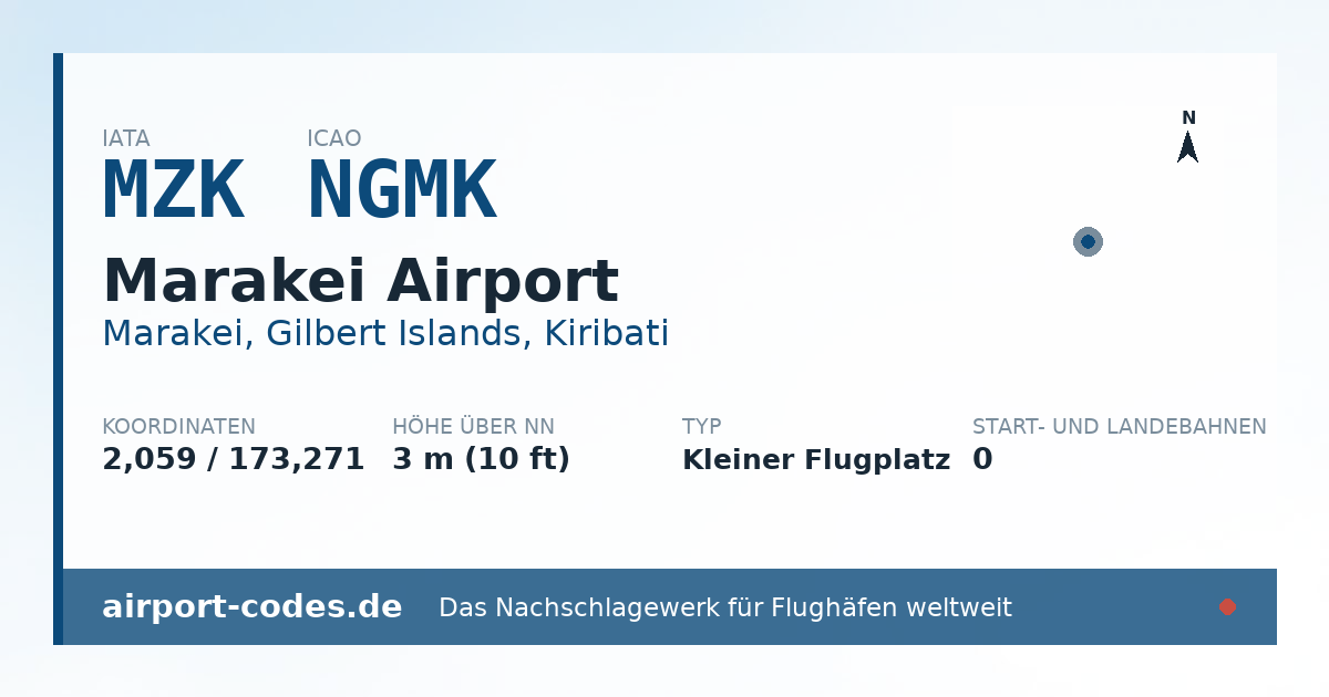 Generierte Übersichtsgrafik zum Flughafen Marakei Airport mit Codes, Koordinaten und Bahnenskizze
