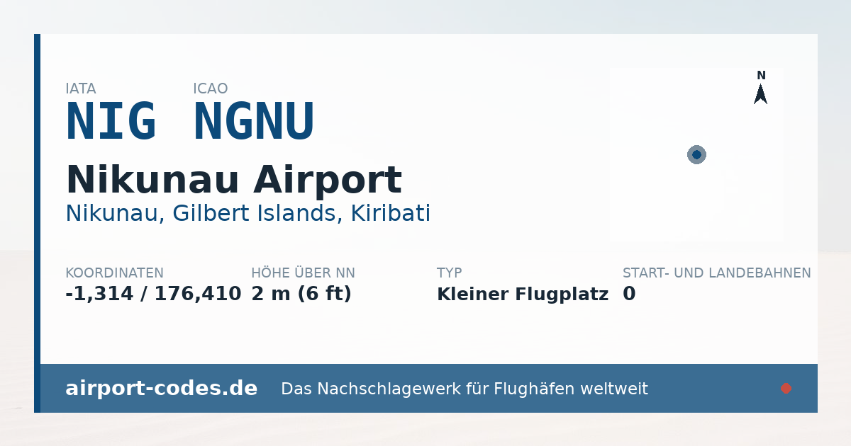 Generierte Übersichtsgrafik zum Flughafen Nikunau Airport mit Codes, Koordinaten und Bahnenskizze