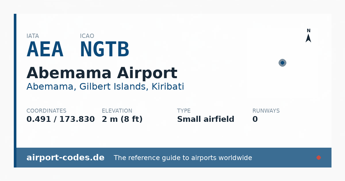 Generated summary graphic for Abemama Airport showing codes, coordinates and a runway sketch