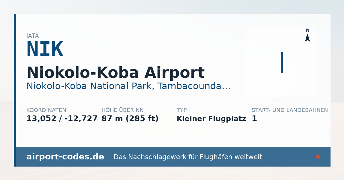 Generierte Übersichtsgrafik zum Flughafen Niokolo-Koba Airport mit Codes, Koordinaten und Bahnenskizze