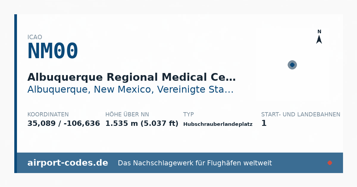 Generierte Übersichtsgrafik zum Flughafen Albuquerque Regional Medical Center Heliport mit Codes, Koordinaten und Bahnenskizze