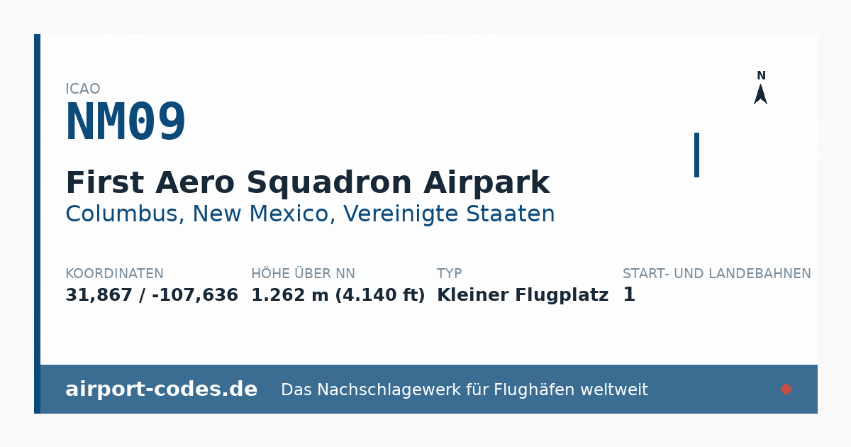 Generierte Übersichtsgrafik zum Flughafen First Aero Squadron Airpark mit Codes, Koordinaten und Bahnenskizze