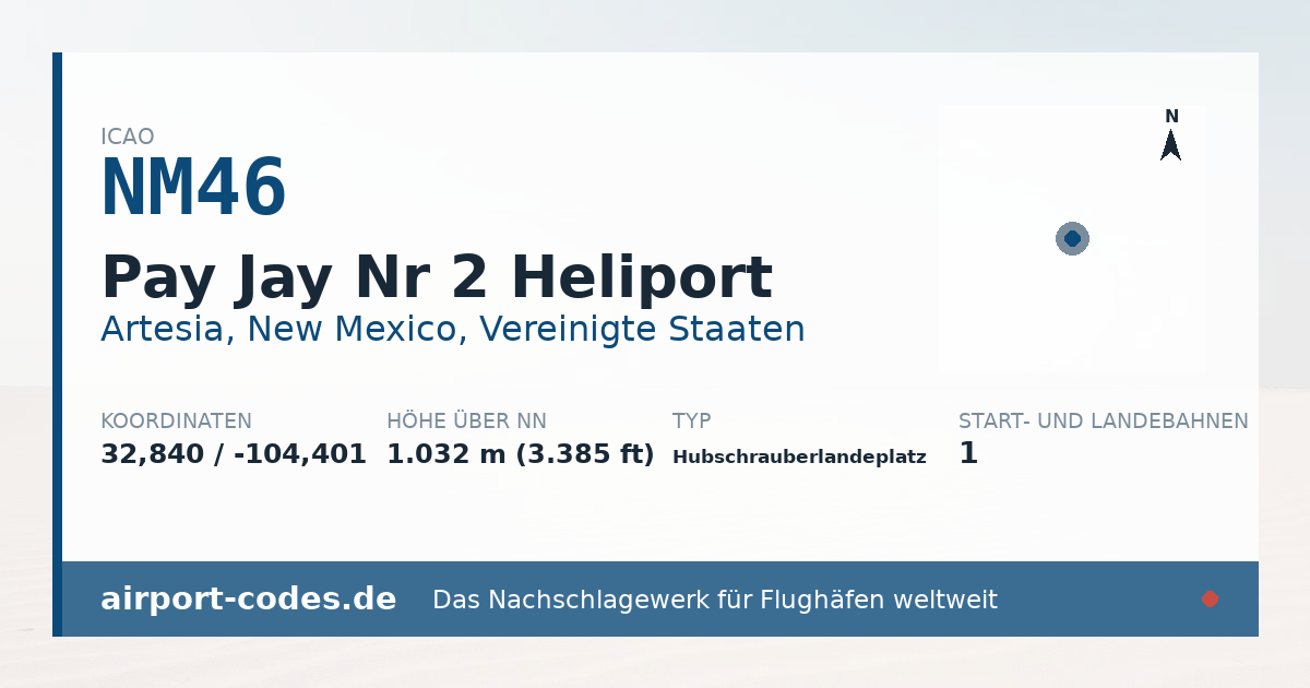 Generierte Übersichtsgrafik zum Flughafen Pay Jay Nr 2 Heliport mit Codes, Koordinaten und Bahnenskizze