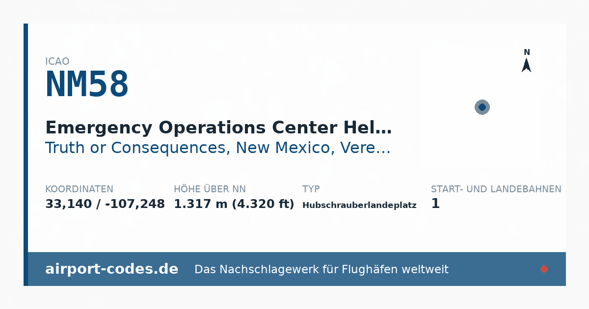 Generierte Übersichtsgrafik zum Flughafen Emergency Operations Center Heliport mit Codes, Koordinaten und Bahnenskizze