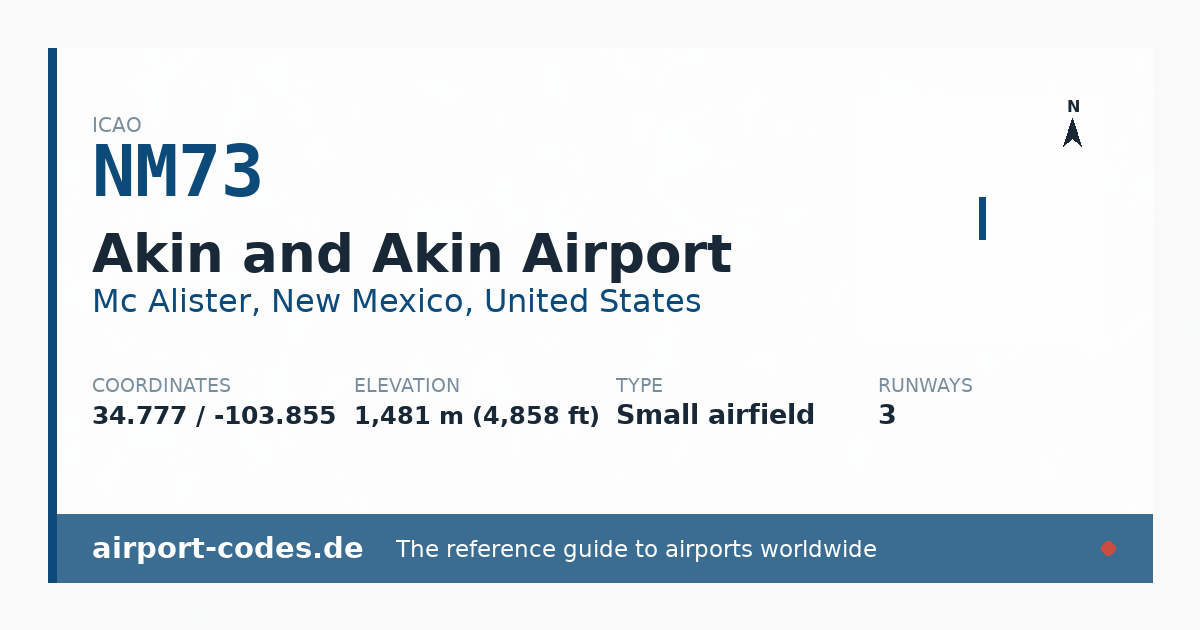 Generated summary graphic for Akin and Akin Airport showing codes, coordinates and a runway sketch