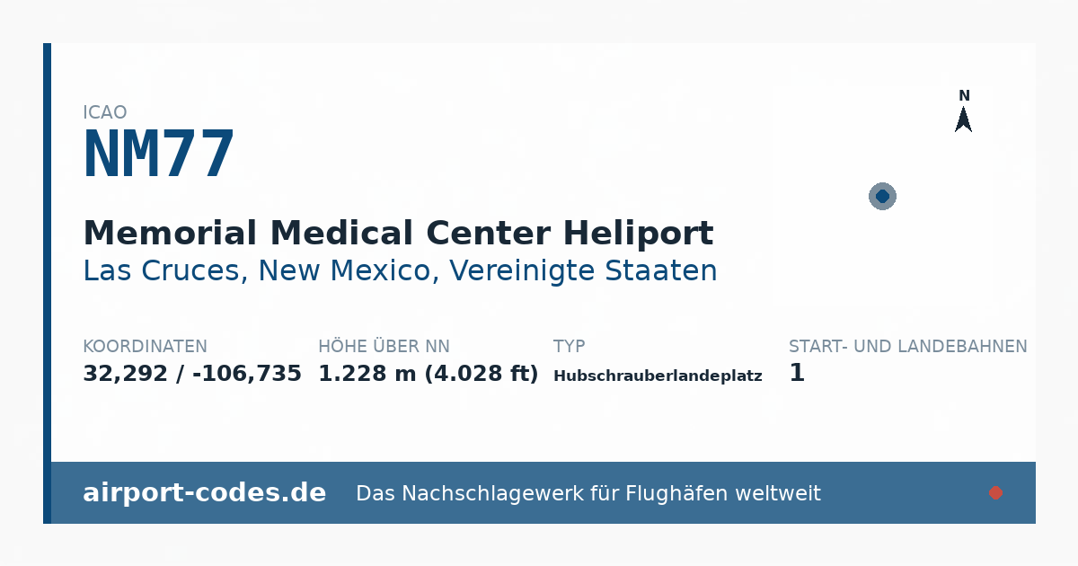 Generierte Übersichtsgrafik zum Flughafen Memorial Medical Center Heliport mit Codes, Koordinaten und Bahnenskizze