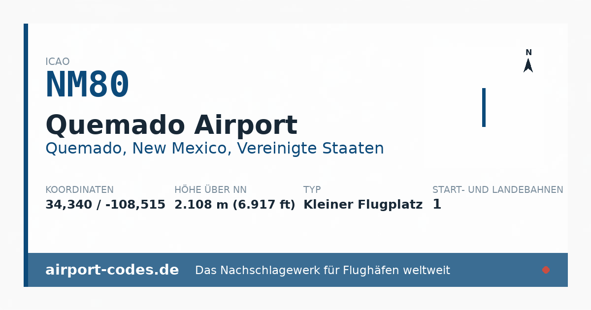 Generierte Übersichtsgrafik zum Flughafen Quemado Airport mit Codes, Koordinaten und Bahnenskizze