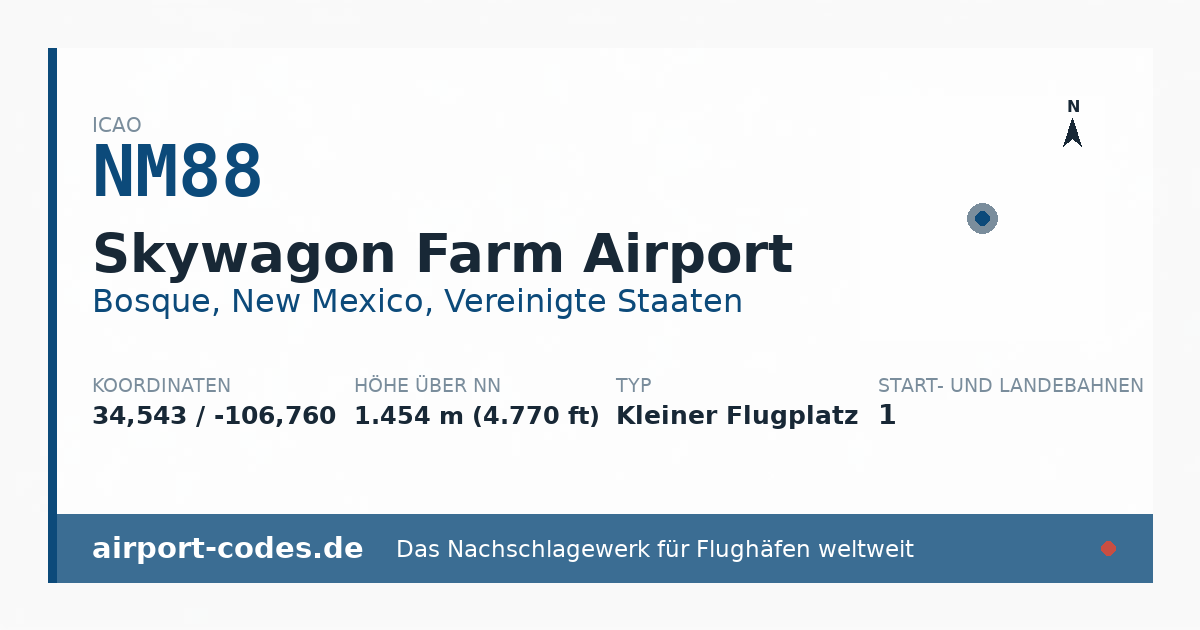 Generierte Übersichtsgrafik zum Flughafen Skywagon Farm Airport mit Codes, Koordinaten und Bahnenskizze