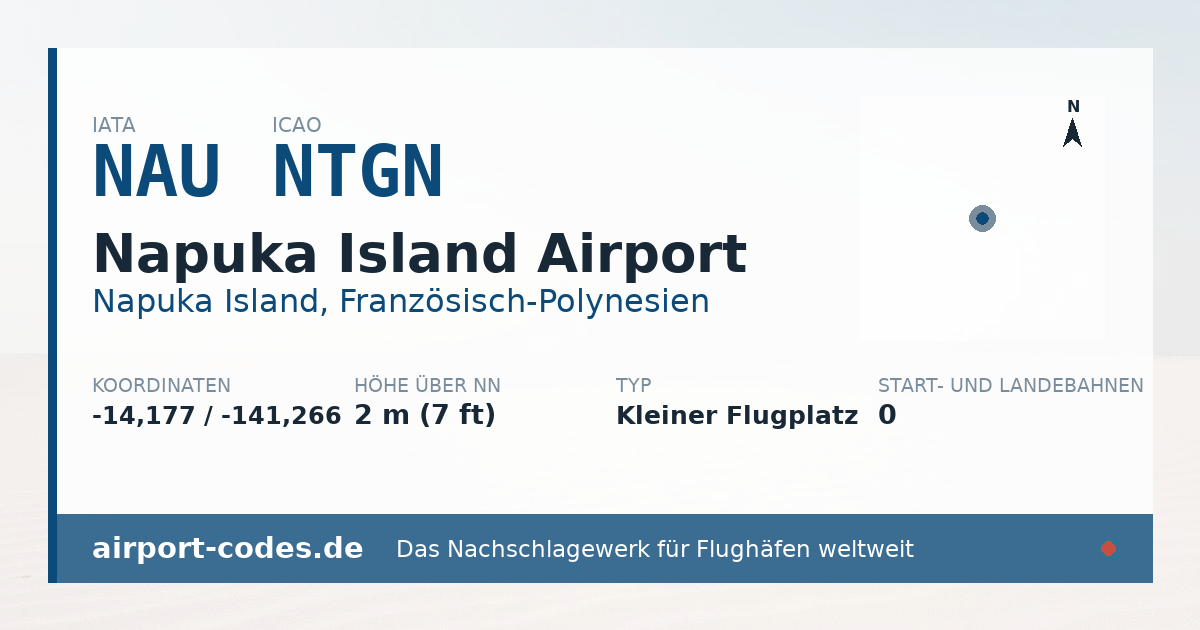 Generierte Übersichtsgrafik zum Flughafen Napuka Island Airport mit Codes, Koordinaten und Bahnenskizze