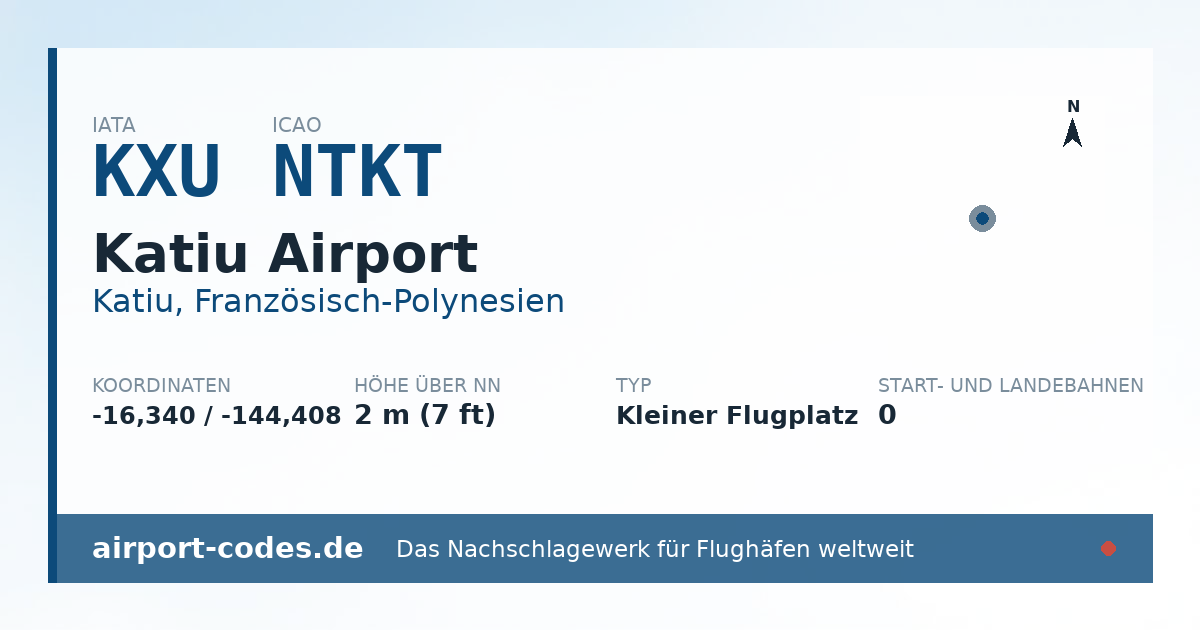 Generierte Übersichtsgrafik zum Flughafen Katiu Airport mit Codes, Koordinaten und Bahnenskizze