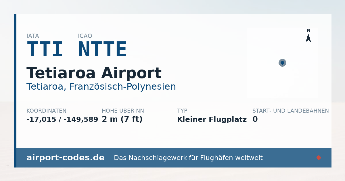 Generierte Übersichtsgrafik zum Flughafen Tetiaroa Airport mit Codes, Koordinaten und Bahnenskizze