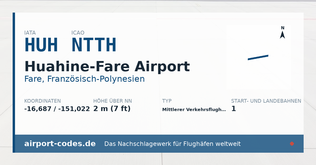 Generierte Übersichtsgrafik zum Flughafen Huahine-Fare Airport mit Codes, Koordinaten und Bahnenskizze