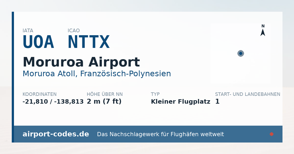 Generierte Übersichtsgrafik zum Flughafen Moruroa Airport mit Codes, Koordinaten und Bahnenskizze