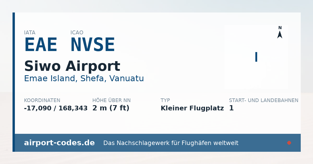 Generierte Übersichtsgrafik zum Flughafen Siwo Airport mit Codes, Koordinaten und Bahnenskizze