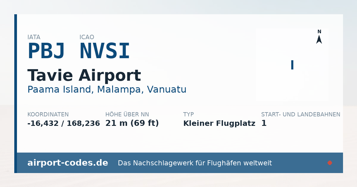 Generierte Übersichtsgrafik zum Flughafen Tavie Airport mit Codes, Koordinaten und Bahnenskizze