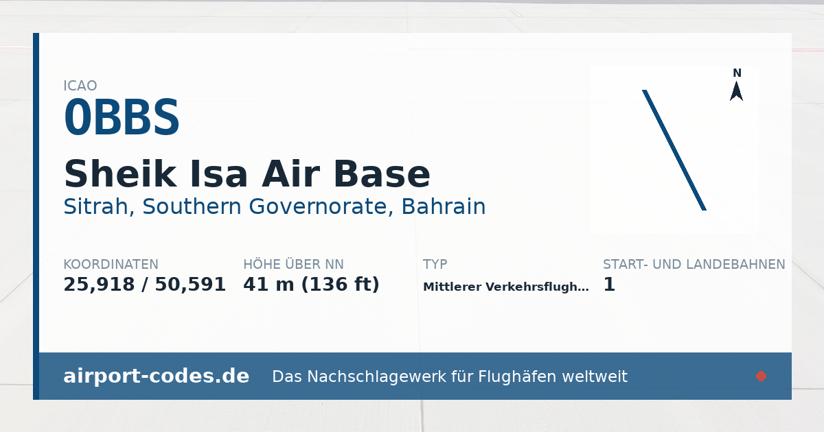 Generierte Übersichtsgrafik zum Flughafen Sheik Isa Air Base mit Codes, Koordinaten und Bahnenskizze