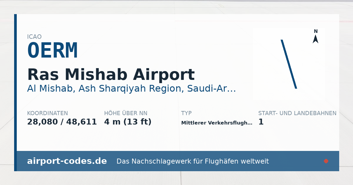 Generierte Übersichtsgrafik zum Flughafen Ras Mishab Airport mit Codes, Koordinaten und Bahnenskizze