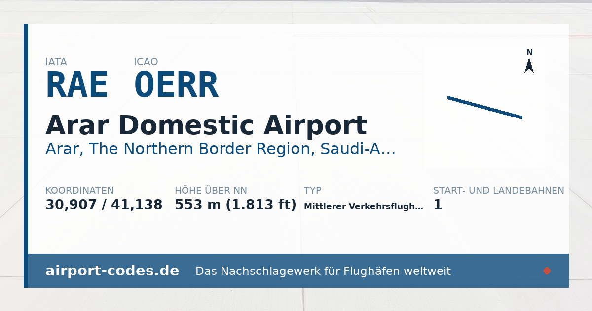 Generierte Übersichtsgrafik zum Flughafen Arar Domestic Airport mit Codes, Koordinaten und Bahnenskizze