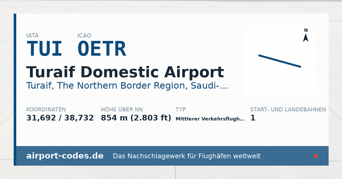 Generierte Übersichtsgrafik zum Flughafen Turaif Domestic Airport mit Codes, Koordinaten und Bahnenskizze