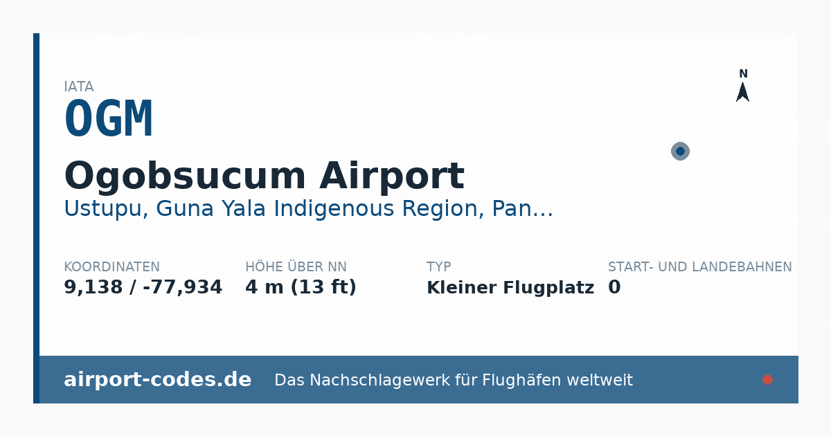 Generierte Übersichtsgrafik zum Flughafen Ogobsucum Airport mit Codes, Koordinaten und Bahnenskizze