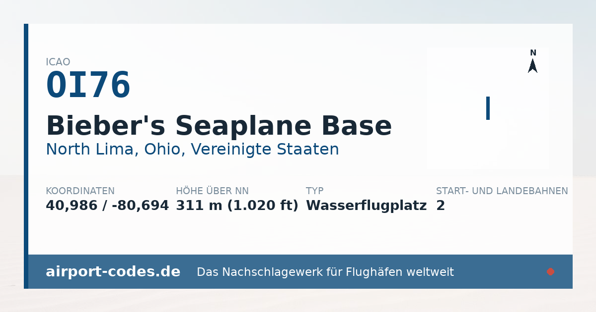 Generierte Übersichtsgrafik zum Flughafen Bieber's Seaplane Base mit Codes, Koordinaten und Bahnenskizze