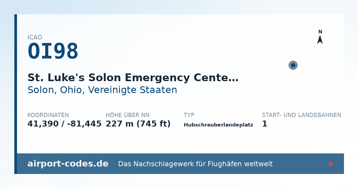 Generierte Übersichtsgrafik zum Flughafen St. Luke's Solon Emergency Center Heliport mit Codes, Koordinaten und Bahnenskizze
