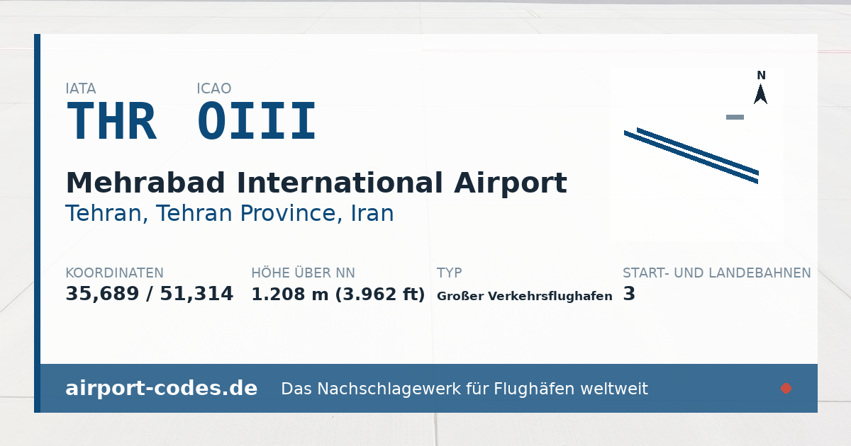 Generierte Übersichtsgrafik zum Flughafen Mehrabad International Airport mit Codes, Koordinaten und Bahnenskizze