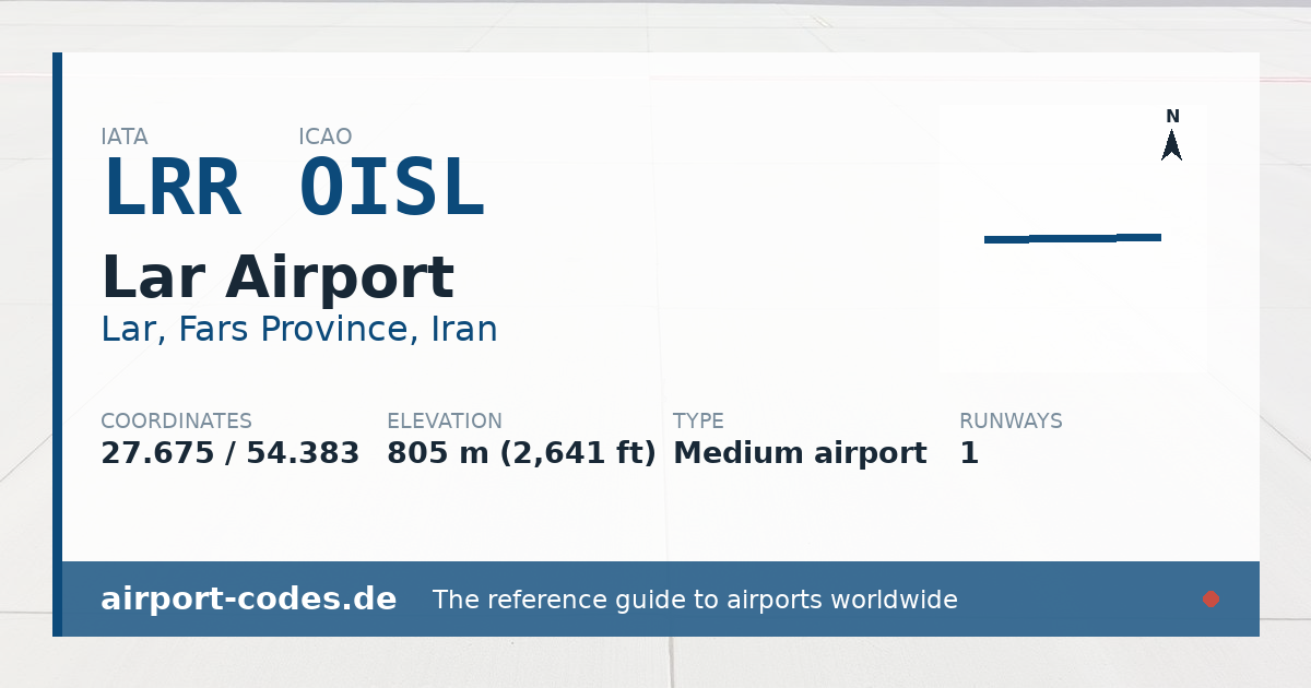 Generated summary graphic for Lar Airport showing codes, coordinates and a runway sketch