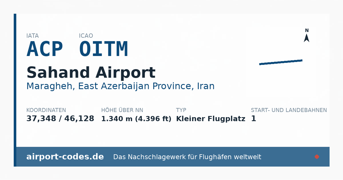 Generierte Übersichtsgrafik zum Flughafen Sahand Airport mit Codes, Koordinaten und Bahnenskizze