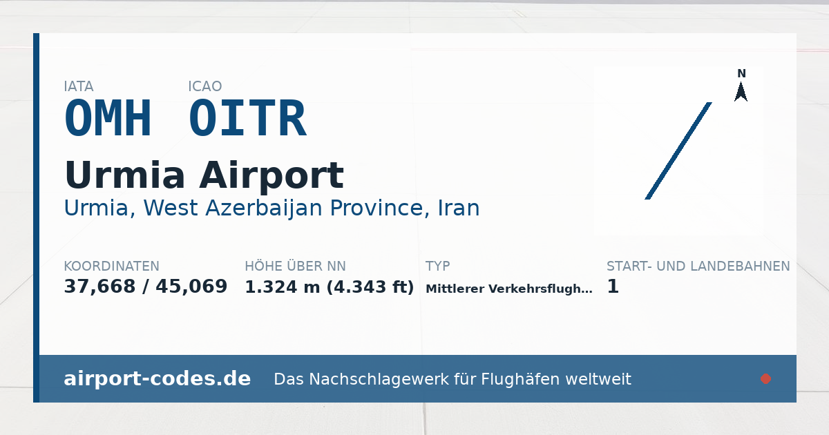 Generierte Übersichtsgrafik zum Flughafen Urmia Airport mit Codes, Koordinaten und Bahnenskizze