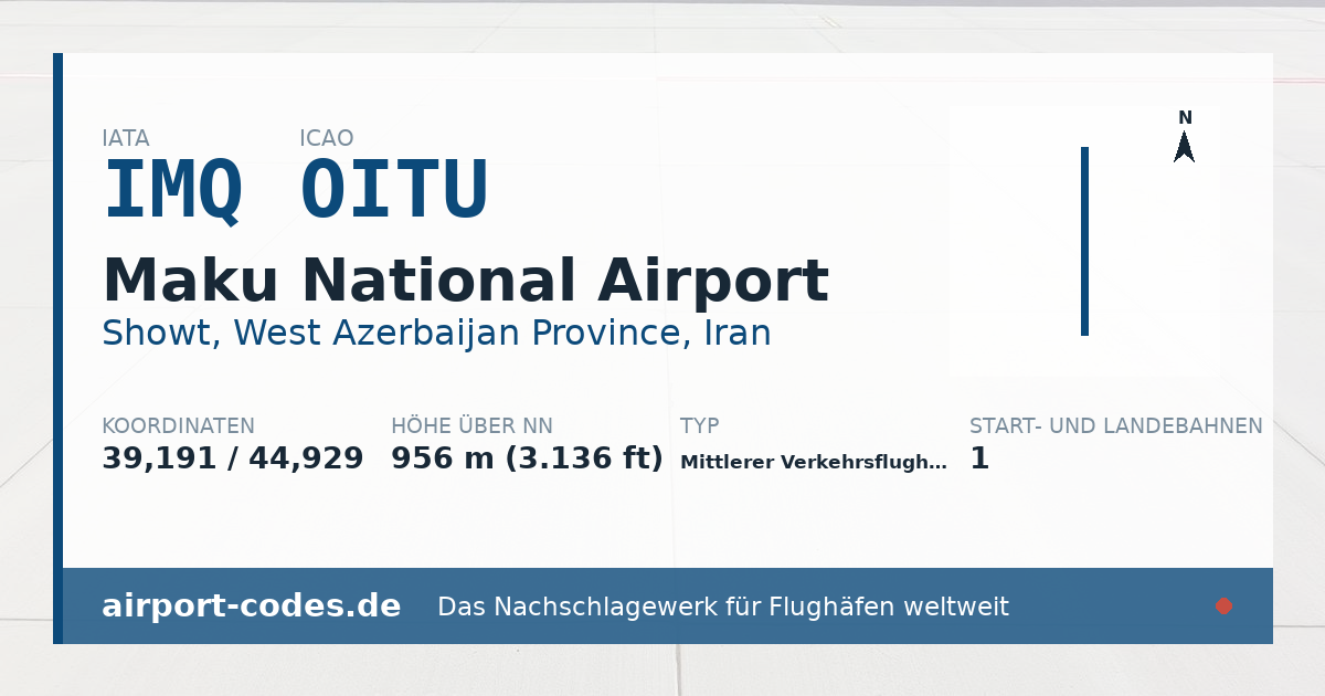 Generierte Übersichtsgrafik zum Flughafen Maku National Airport mit Codes, Koordinaten und Bahnenskizze