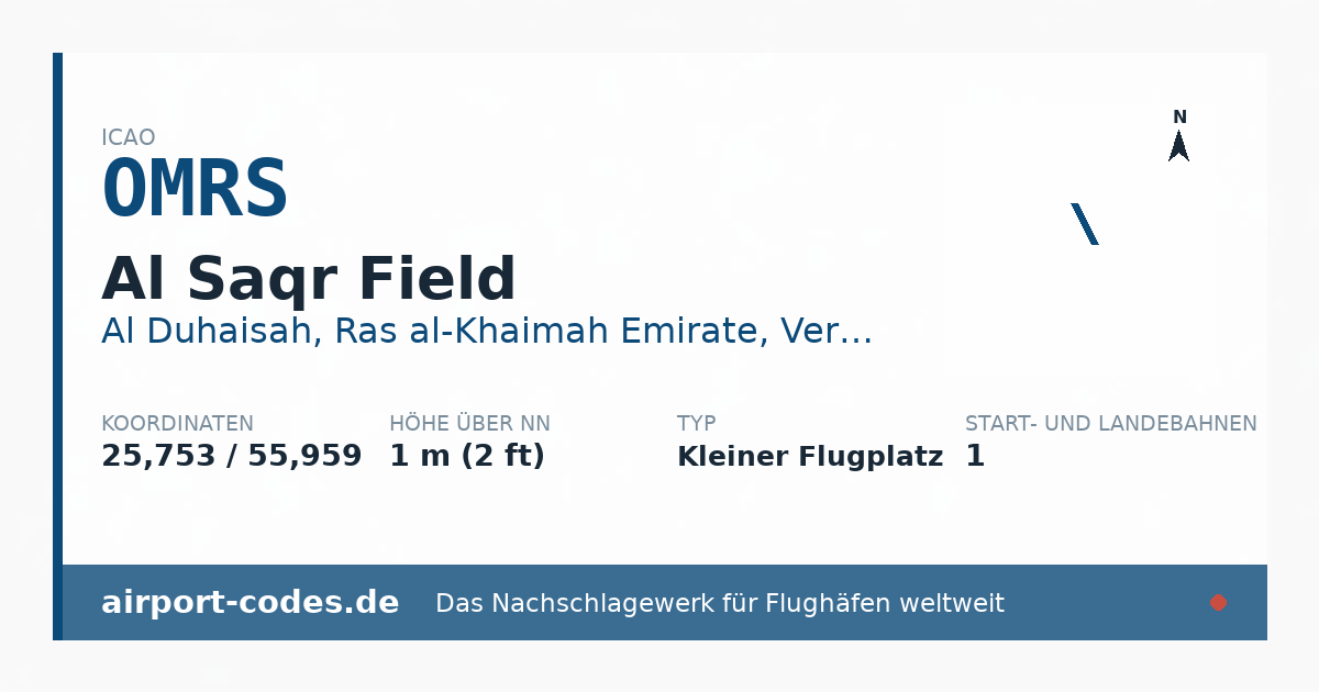 Generierte Übersichtsgrafik zum Flughafen Al Saqr Field mit Codes, Koordinaten und Bahnenskizze