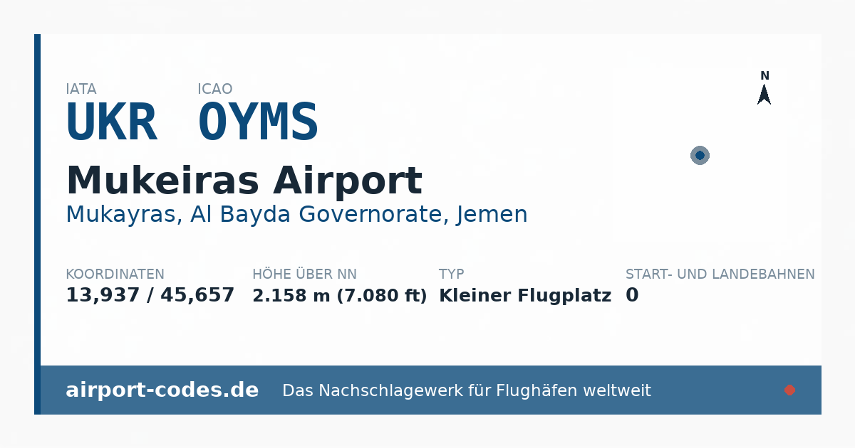 Generierte Übersichtsgrafik zum Flughafen Mukeiras Airport mit Codes, Koordinaten und Bahnenskizze
