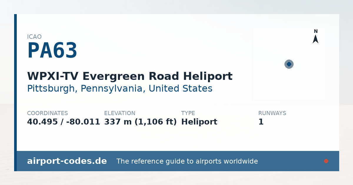 Generated summary graphic for WPXI-TV Evergreen Road Heliport showing codes, coordinates and a runway sketch