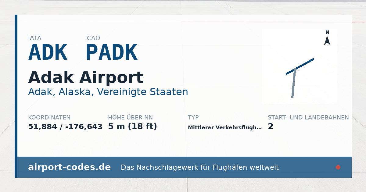 Generierte Übersichtsgrafik zum Flughafen Adak Airport mit Codes, Koordinaten und Bahnenskizze