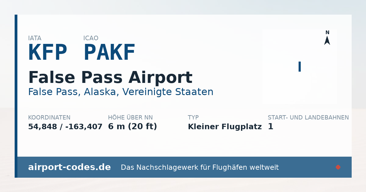Generierte Übersichtsgrafik zum Flughafen False Pass Airport mit Codes, Koordinaten und Bahnenskizze