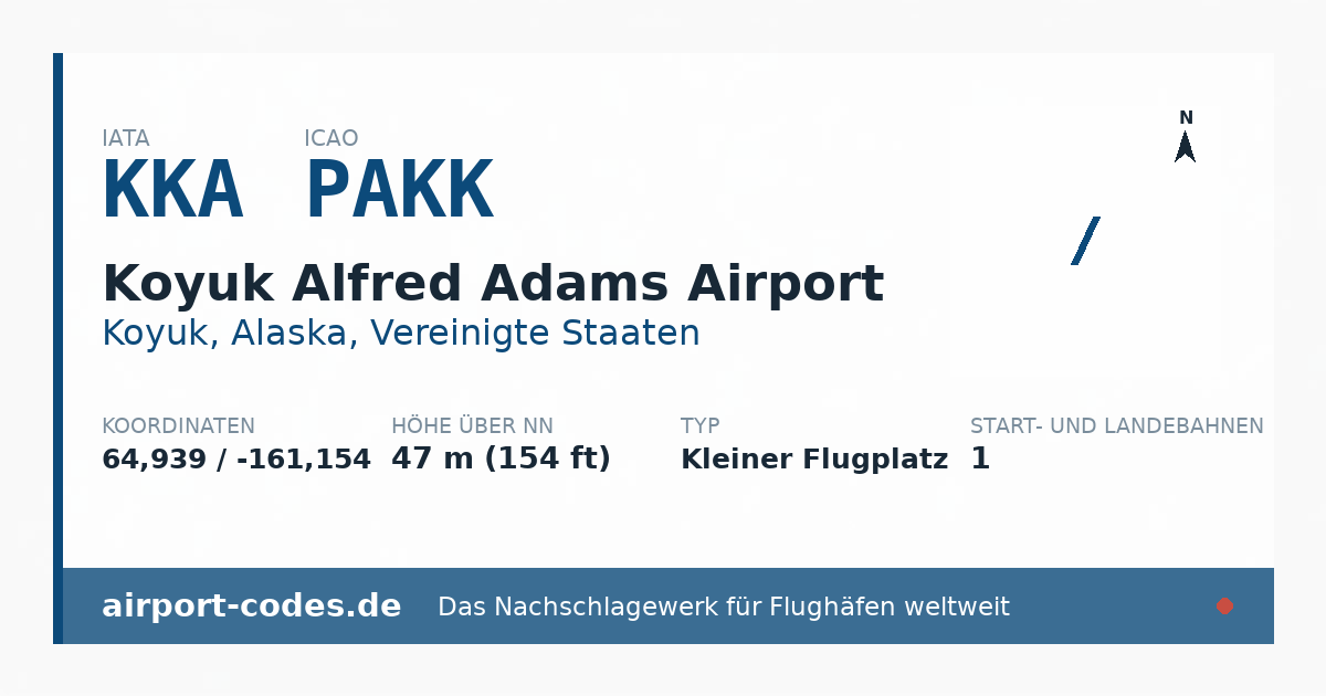Generierte Übersichtsgrafik zum Flughafen Koyuk Alfred Adams Airport mit Codes, Koordinaten und Bahnenskizze