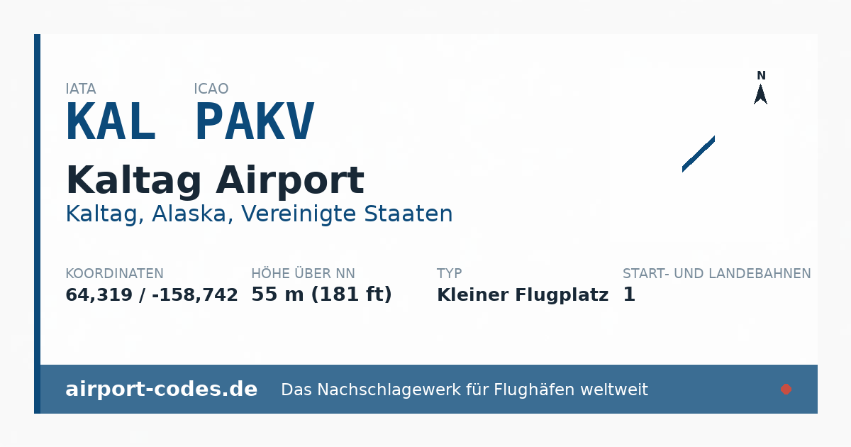 Generierte Übersichtsgrafik zum Flughafen Kaltag Airport mit Codes, Koordinaten und Bahnenskizze